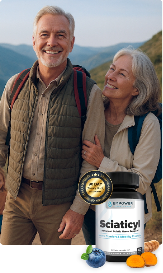 Happy couple outdoors with Sciaticyl bottle